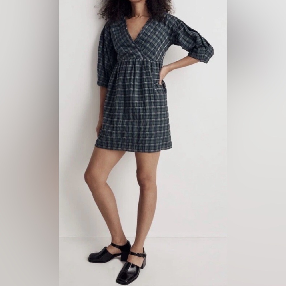 Madewell “Marianna” Puff-Sleeve Dress in Plaid XS, NWT